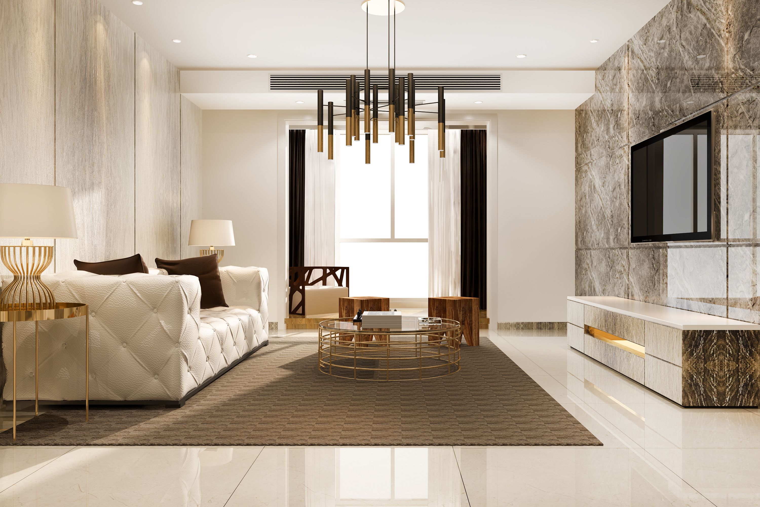 Layered neutral interior with decorative lighting, textiles and a sculptural coffee table