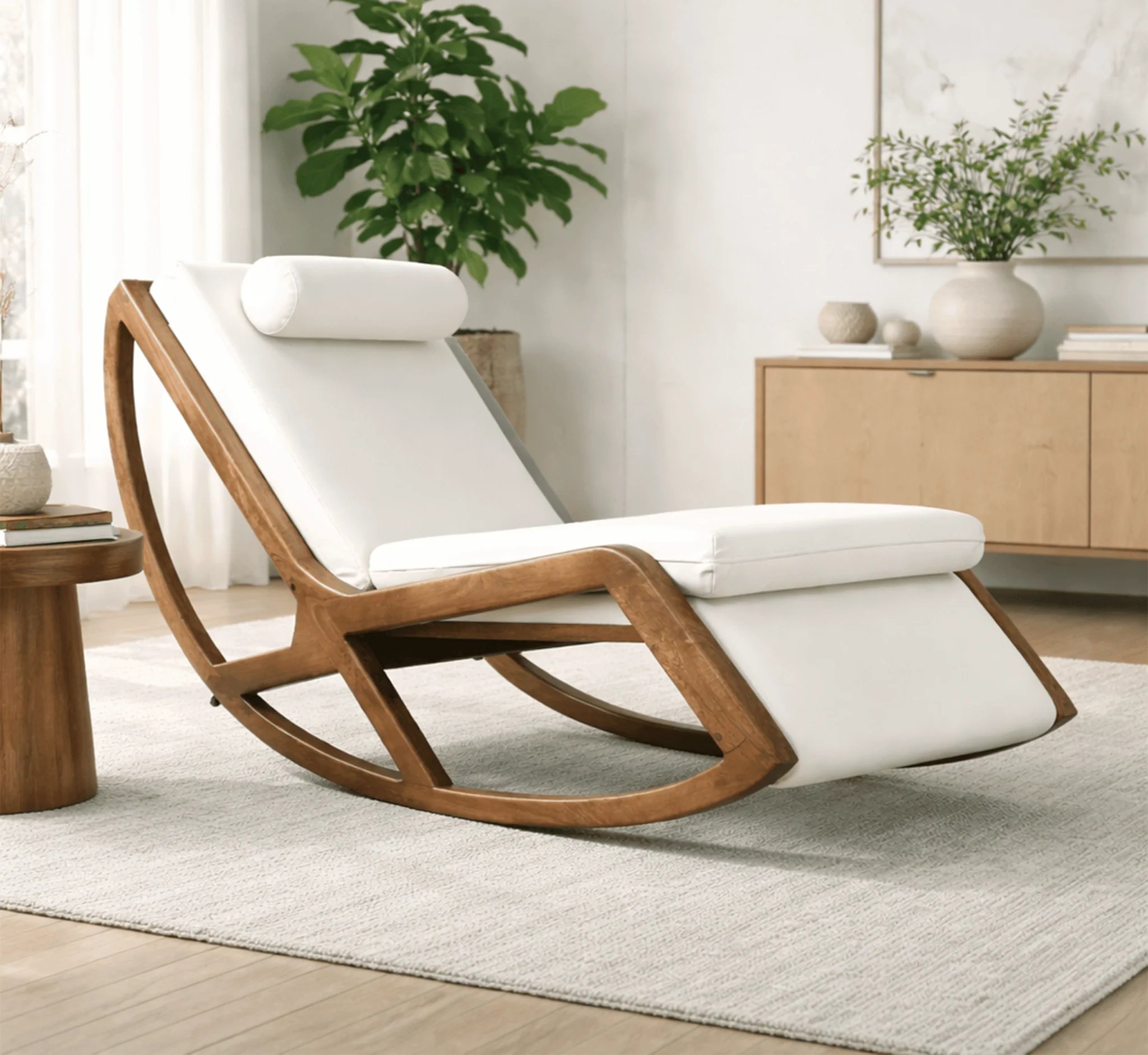 Sculptural wooden armchair with neutral upholstery