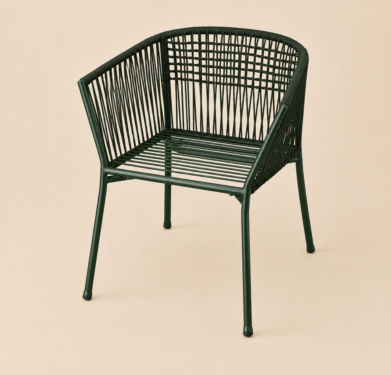 KORA Rope Armchair in dark green with a woven rope backrest and seat, shown against a neutral studio background.