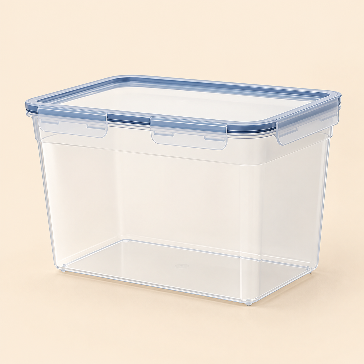 An empty, transparent LIVS plastic food storage container with a blue-rimmed, four-latch airtight lid against a plain beige background.