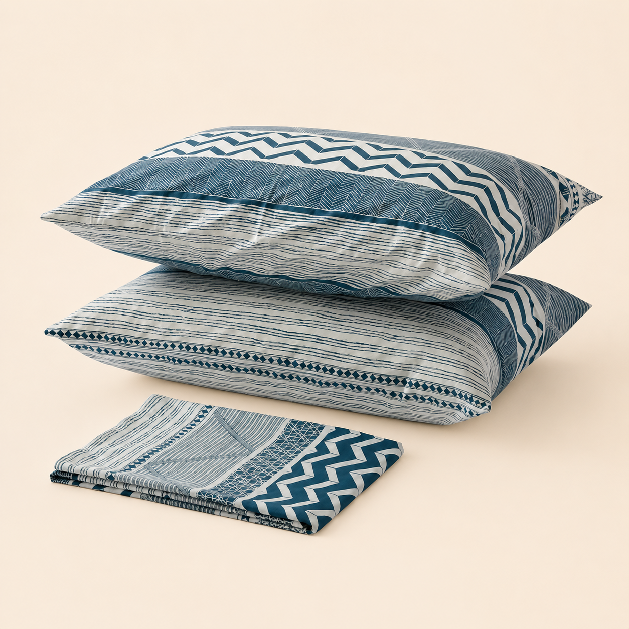 LUNA blue geometric bedding set with two matching pillows and a folded sheet displayed against a light background.