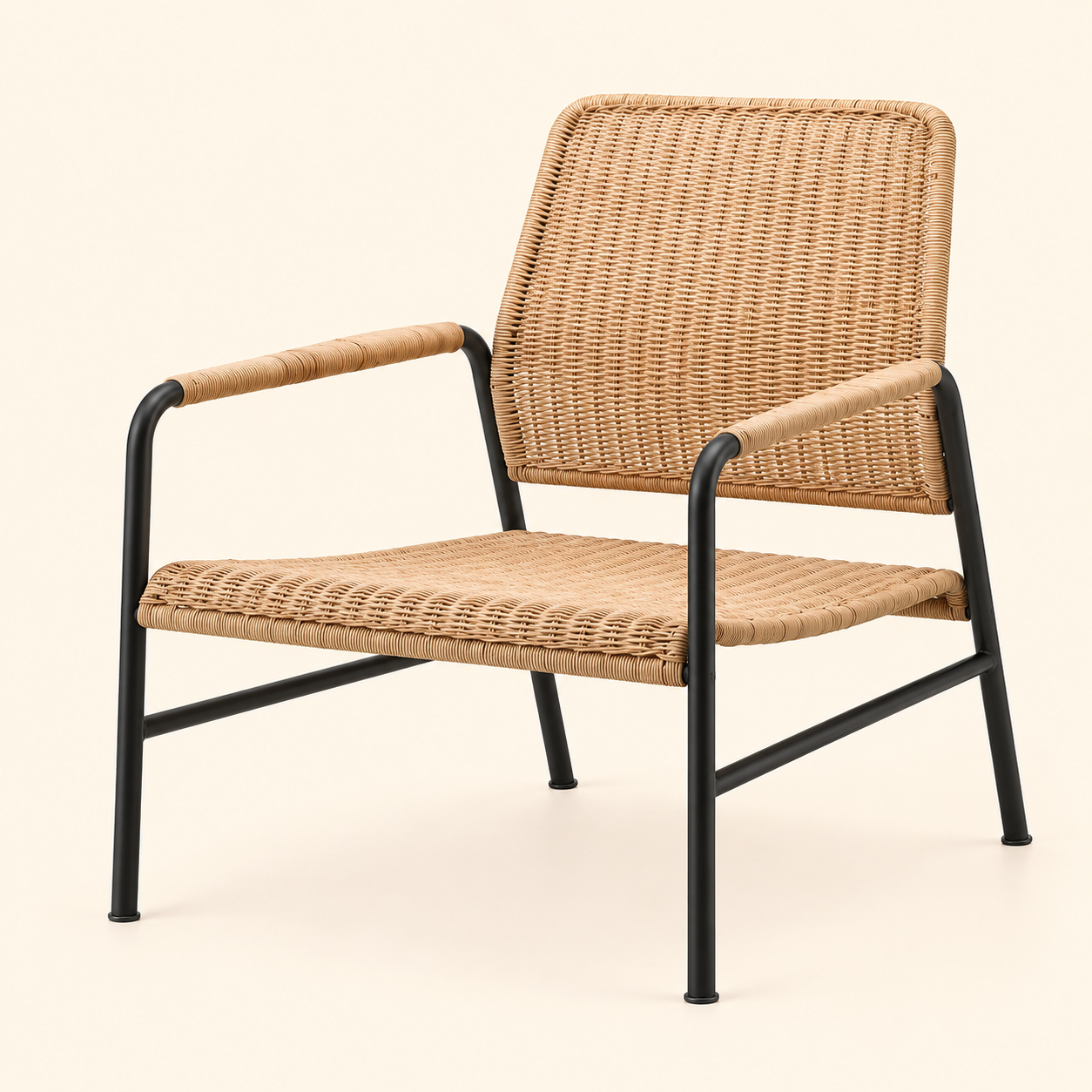 RILO Rattan Chair – close-up of woven rattan seat and back with black frame