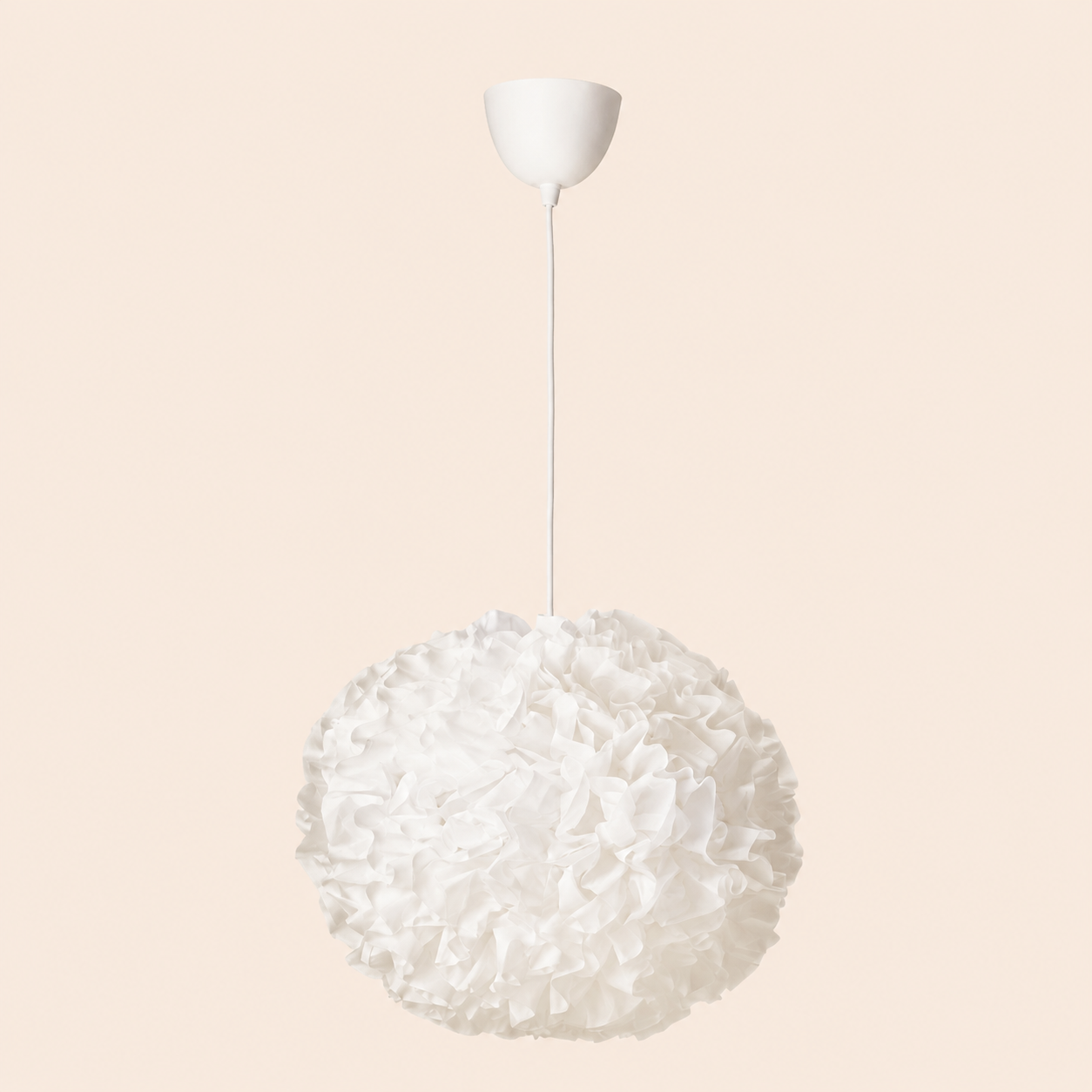 White spherical ruffle pendant lamp suspended from the ceiling against a light beige background.
