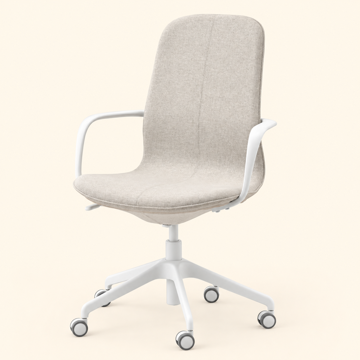 Front view of the NORDEN upholstered office chair in light beige fabric with white armrests, adjustable central lift and caster base.