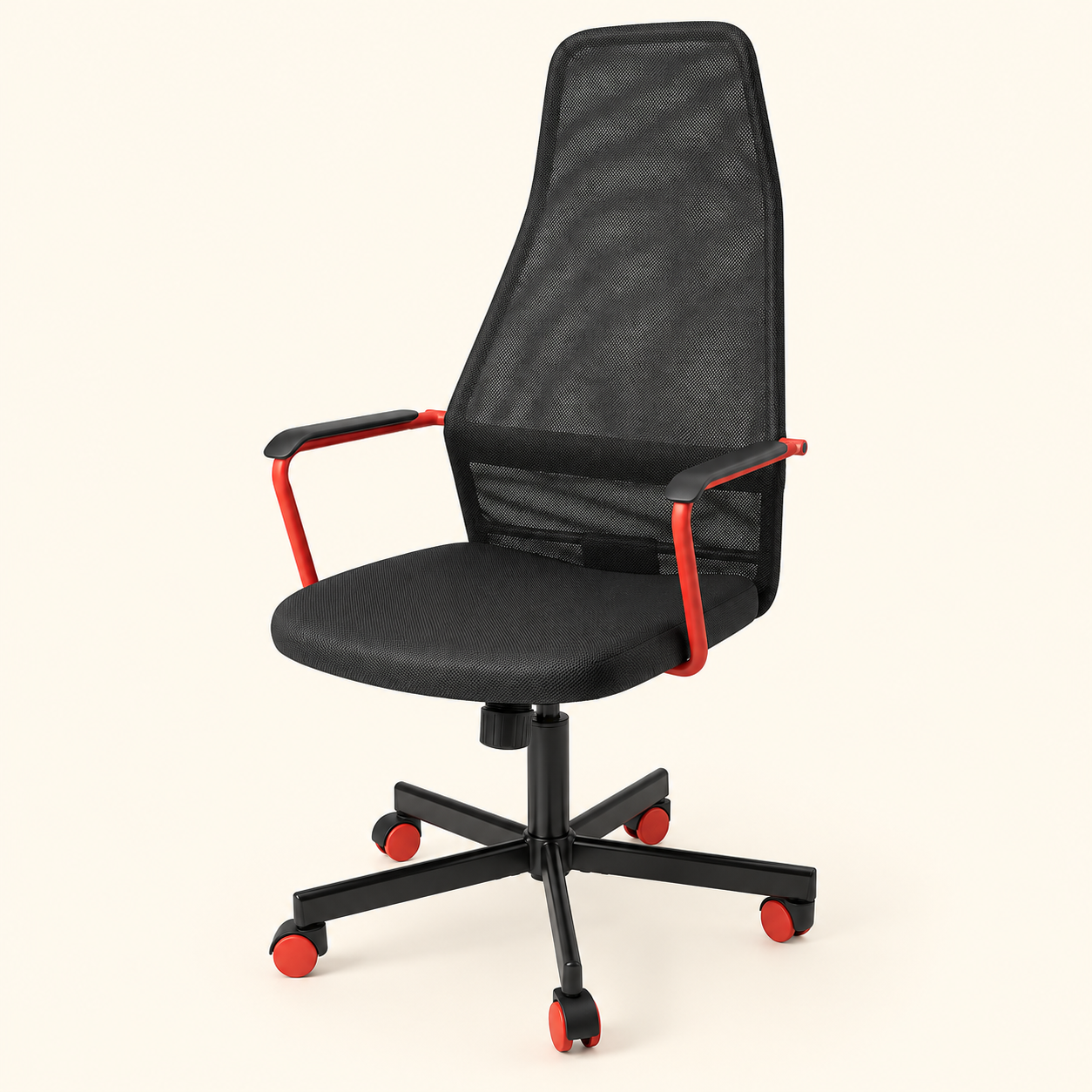 RAVEN Gaming Chair front view with black mesh upholstery, red armrests, and five-wheel base