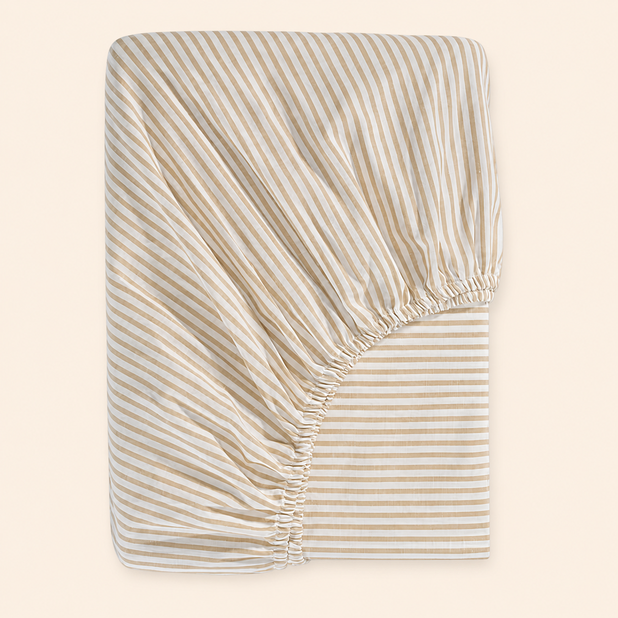 Beige and white striped fitted sheet shown from above with elasticated edges for a neat mattress fit.
