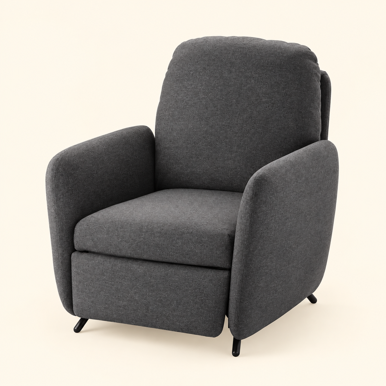 rear view showing the upholstered back, rounded armrests, and black support legs.